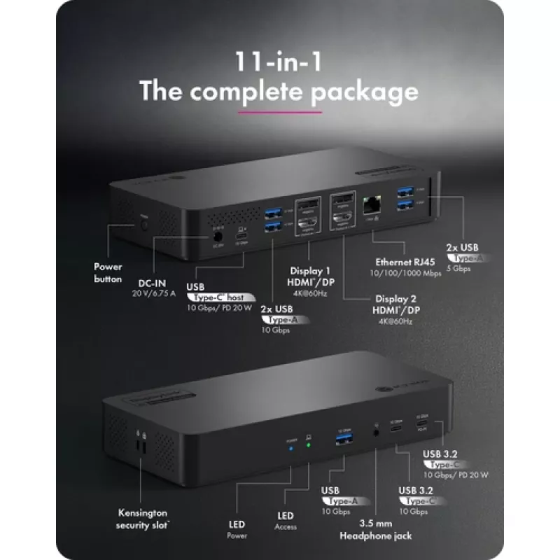 ICY BOX Heart Dock 2255 11-in-1 prijungimo stotelė, DisplayLink DL-6950, 2x HDMI/DP 4K@60Hz, 96W Power Delivery, Gigabit LAN, USB-C/A 10Gbps