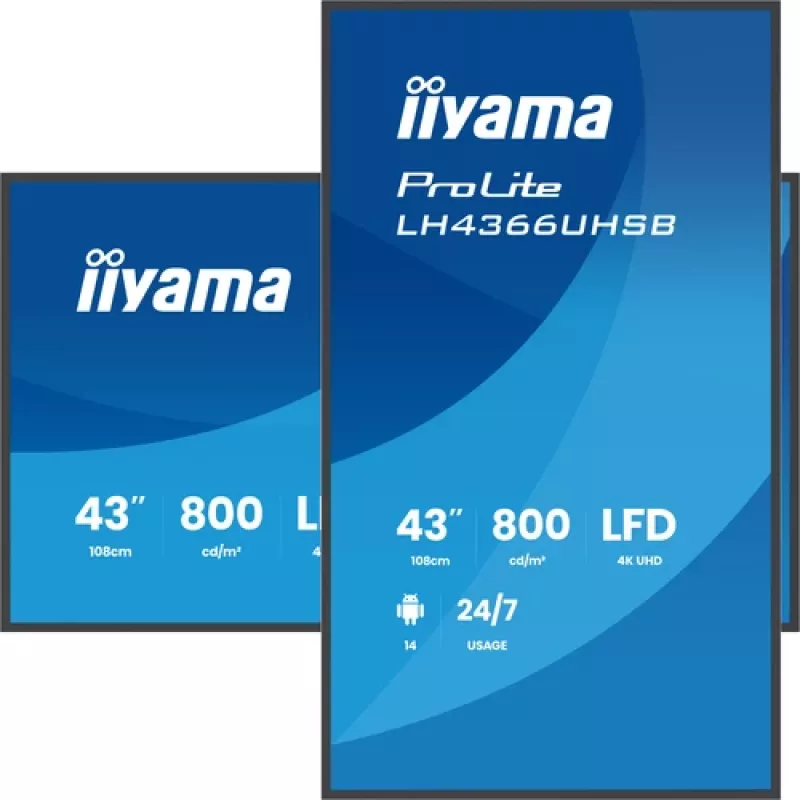 IIYAMA LH4366UHSB-B1AG 43 colių 4K UHD skaitmeninių ženklų ekranas, VA panelė, 500 cd/m², 24/7 veikimas, Android 9.0, Wi-Fi, 2x 10W garsiakalbiai