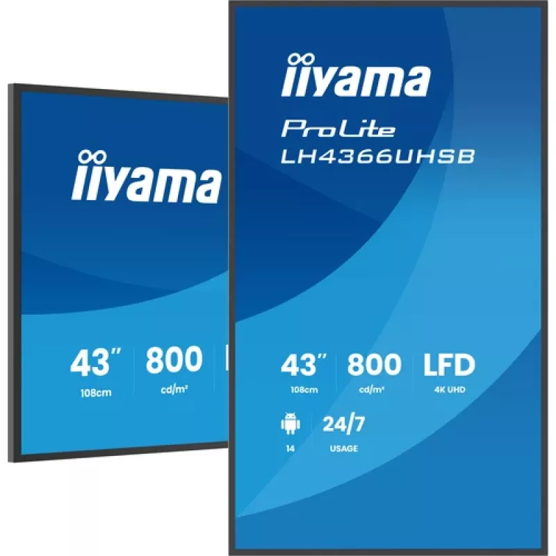 IIYAMA LH4366UHSB-B1AG 43 colių 4K UHD skaitmeninių ženklų ekranas, VA panelė, 500 cd/m², 24/7 veikimas, Android 9.0, Wi-Fi, 2x 10W garsiakalbiai