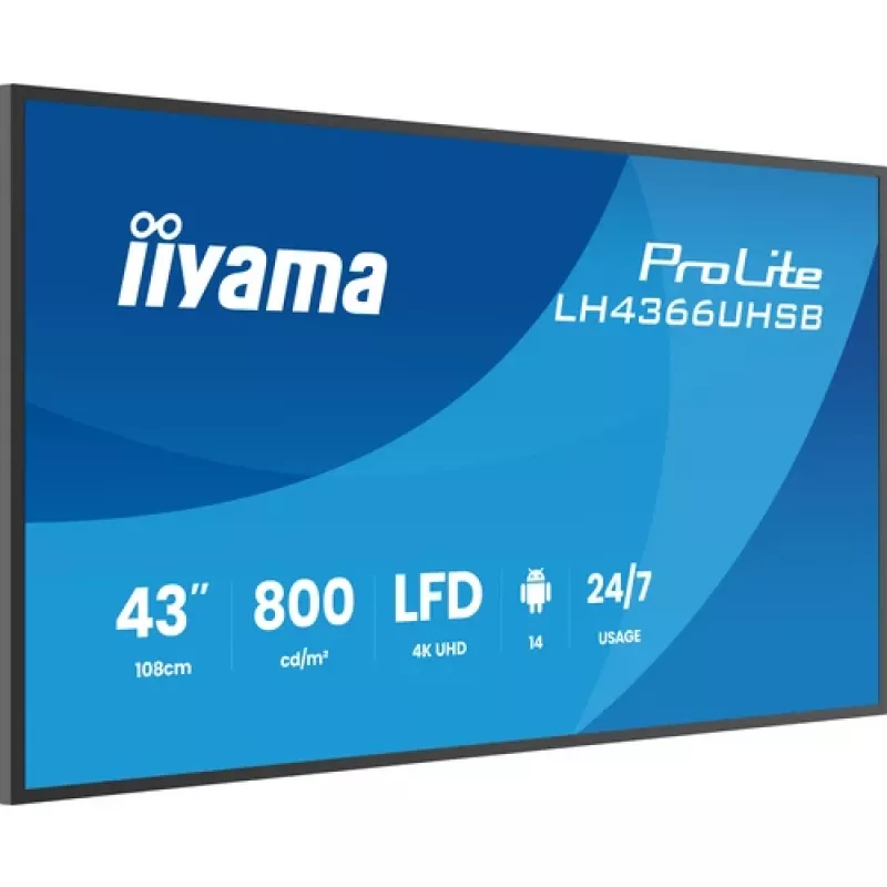 IIYAMA LH4366UHSB-B1AG 43 colių 4K UHD skaitmeninių ženklų ekranas, VA panelė, 500 cd/m², 24/7 veikimas, Android 9.0, Wi-Fi, 2x 10W garsiakalbiai