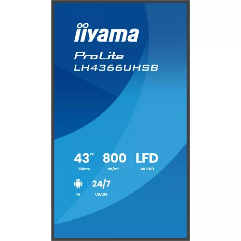 IIYAMA LH4366UHSB-B1AG 43 colių 4K UHD skaitmeninių ženklų ekranas, VA panelė, 500 cd/m², 24/7 veikimas, Android 9.0, Wi-Fi, 2x 10W garsiakalbiai