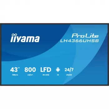 IIYAMA LH4366UHSB-B1AG 43 colių 4K UHD skaitmeninių ženklų ekranas, VA panelė, 500 cd/m², 24/7 veikimas, Android 9.0, Wi-Fi, 2x 10W garsiakalbiai