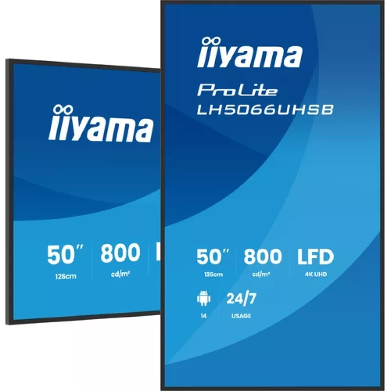 IIYAMA LH5066UHSB-B1AG 50 colių 4K UHD IPS skaitmeninių reklamų ekranas su Android, 2x HDMI, USB-C, 500 cd/m²