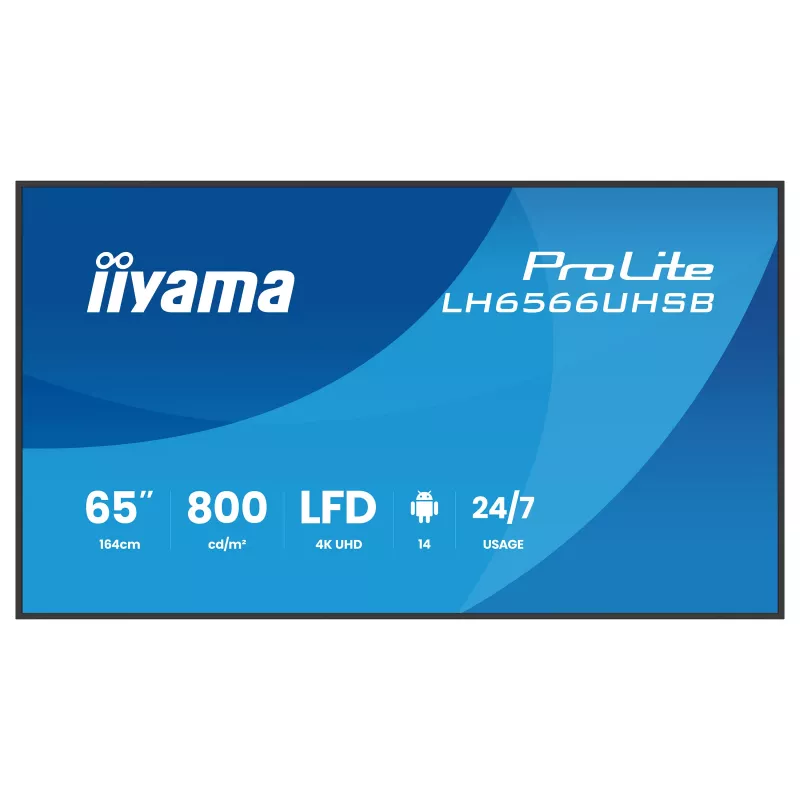IIYAMA LH6566UHSB-B1AG 65 colių 4K UHD skaitmeninių ženklų ekranas su Android 11, 500 cd/m², 2x HDMI, USB-C, DP, WiFi, 18/7 veikimas