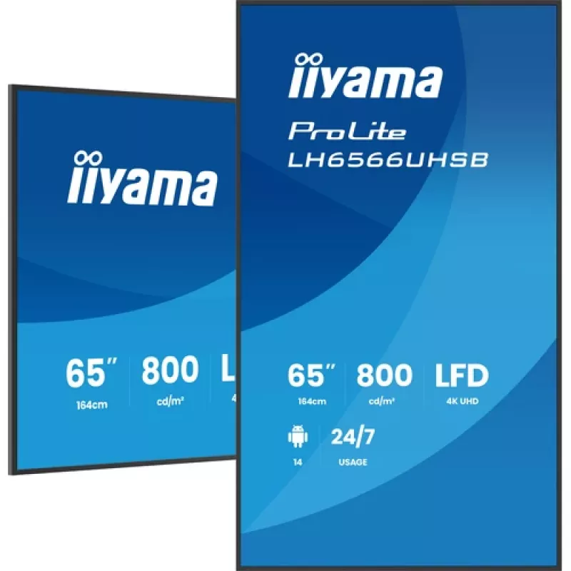 IIYAMA LH6566UHSB-B1AG 65 colių 4K UHD skaitmeninių ženklų ekranas su Android 11, 500 cd/m², 2x HDMI, USB-C, DP, WiFi, 18/7 veikimas
