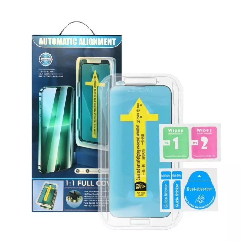 iLike Apple 5D Full Glue Tempered Glass, skirta iPhone 13 / 13 Pro / 14, juoda + montavimo rėmelis