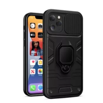iLike Apple iPhone 14 Pro Max žiedo objektyvo dėklas juodas - hibridinis apsauginis dangtelis su integruotu žiedo laikikliu, fotoaparato objektyvo apsauga, smūgių sugėrimu, belaidžio įkrovimo suderinamumu