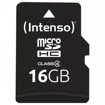 Intenso 16GB MicroSDHC Class 4 atminties kortelė su SD adapteriu, iki 21 MB/s skaitymo greitis, juoda