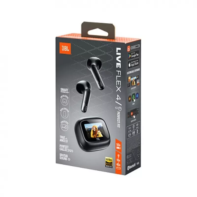 JBL LIVE Flex 4 belaidės į ausis įdedamos Bluetooth ausinės su adaptyviuoju triukšmo slopinimu, juodos