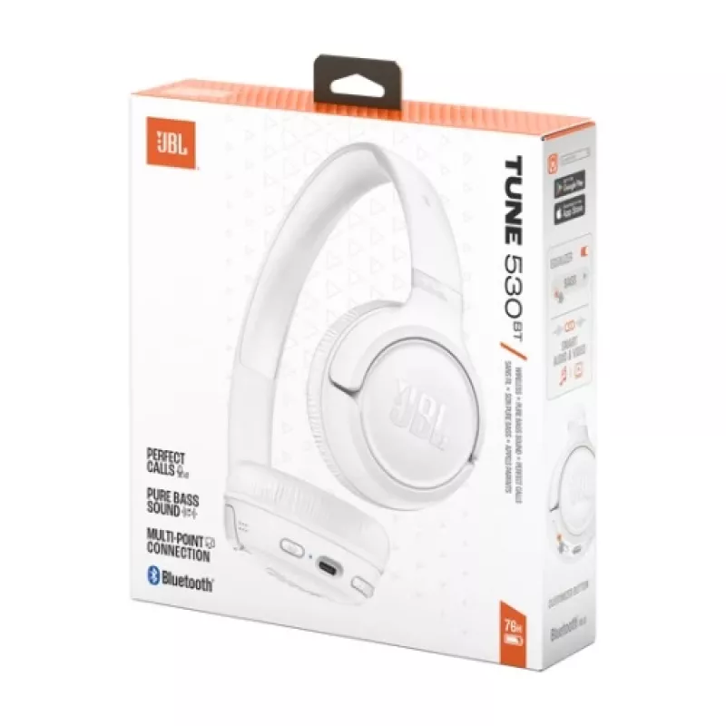 JBL Tune 530BT belaidės antausės su Pure Bass, Bluetooth 5.3, 57 val. baterija, sulankstomas dizainas – baltos