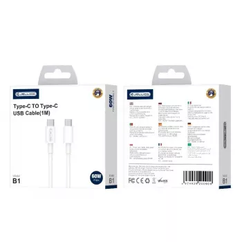 Jellico B1 Durable-Soft Universal USB-C to USB-C Data & Fast PD 20W Charger Cable 1m White