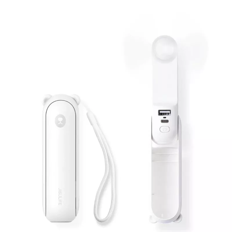 JISULIFE rankinis ventiliatorius 8 Plus baltas - 5000mAh, USB-C, 46 val. baterijos veikimo laikas, LED ekranas, power bank