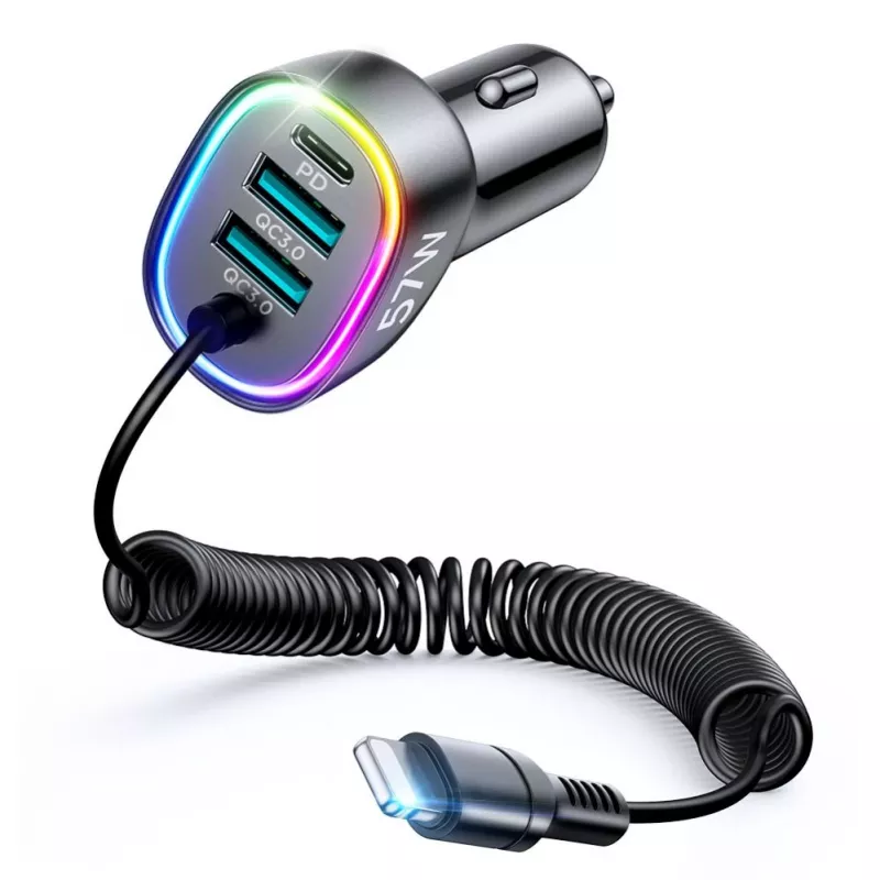 Joyroom 4-in-1 Fast Car Charger PD QC3.0 AFC FCP su 1.6m 57W Lightning kabeliu, juodas