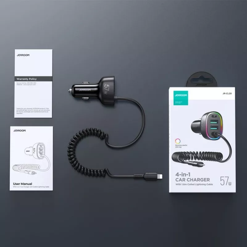Joyroom 4-in-1 Fast Car Charger PD QC3.0 AFC FCP su 1.6m 57W Lightning kabeliu, juodas