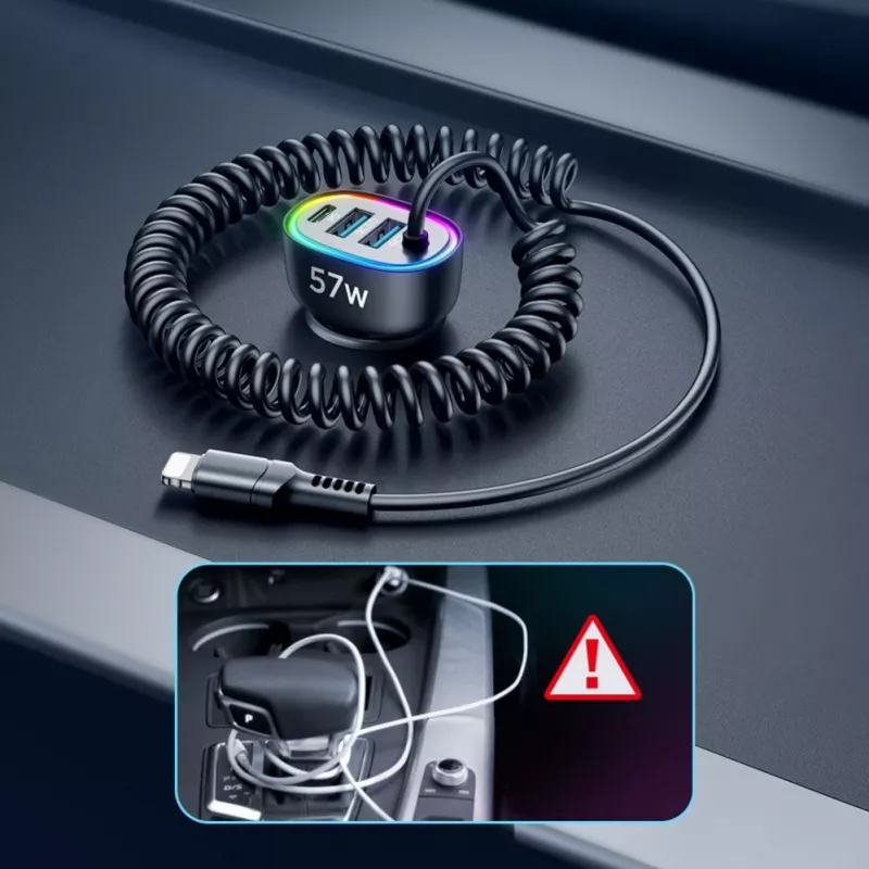 Joyroom 4-in-1 Fast Car Charger PD QC3.0 AFC FCP su 1.6m 57W Lightning kabeliu, juodas