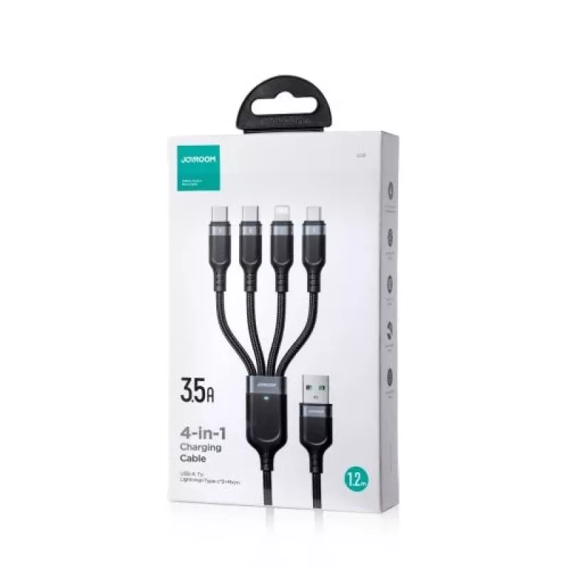 Joyroom 4-in-1 USB - Lightning/ Type-C/ Type-C/ Micro USB kabelis Multi-Color Series A18, 3,5A, 1,2m, juodas (S-1T4018A18c)