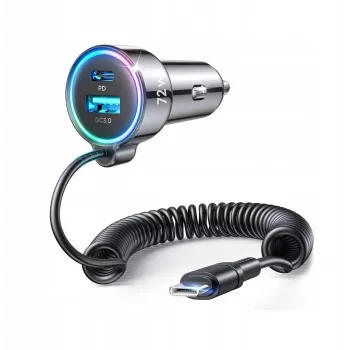 Joyroom automobilinis įkroviklis 3-in-1, C+U su Type-C spiraliniu kabeliu 1,6 m, 72 W, juodas (JR-CL07)