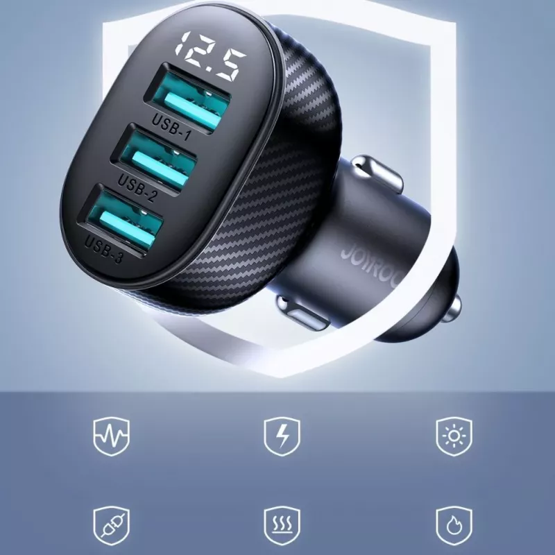 Joyroom JR-CCD03 automobilinis įkroviklis su skaitmeniniu ekranu, 3x USB-A, 17W, 3.4A, juodas