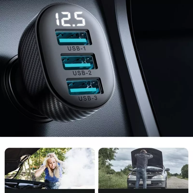 Joyroom JR-CCD03 automobilinis įkroviklis su skaitmeniniu ekranu, 3x USB-A, 17W, 3.4A, juodas