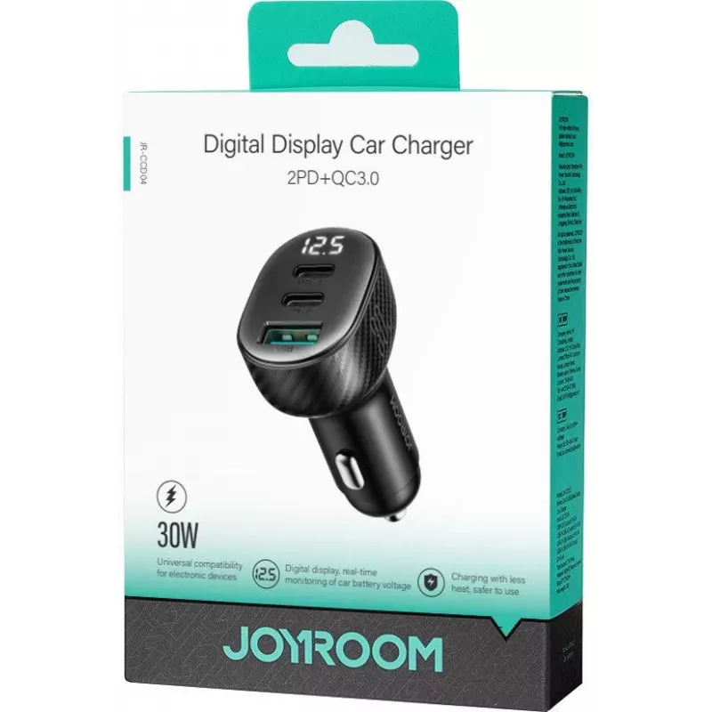 Joyroom JR-CCD04 Automobilinis įkroviklis 30W 2x USB-C USB-A su skaitmeniniu ekranu - Juodas