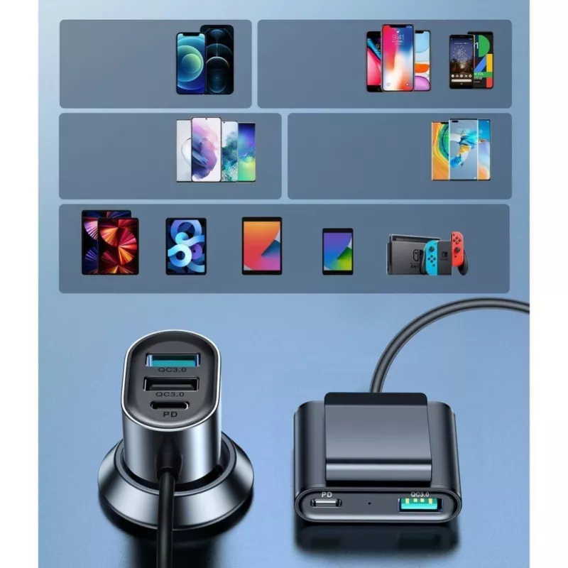 Joyroom JR-CL05 72W 5-Port Car Charger with 2xPD and 2xQC3.0, 1.5m Cable, Black