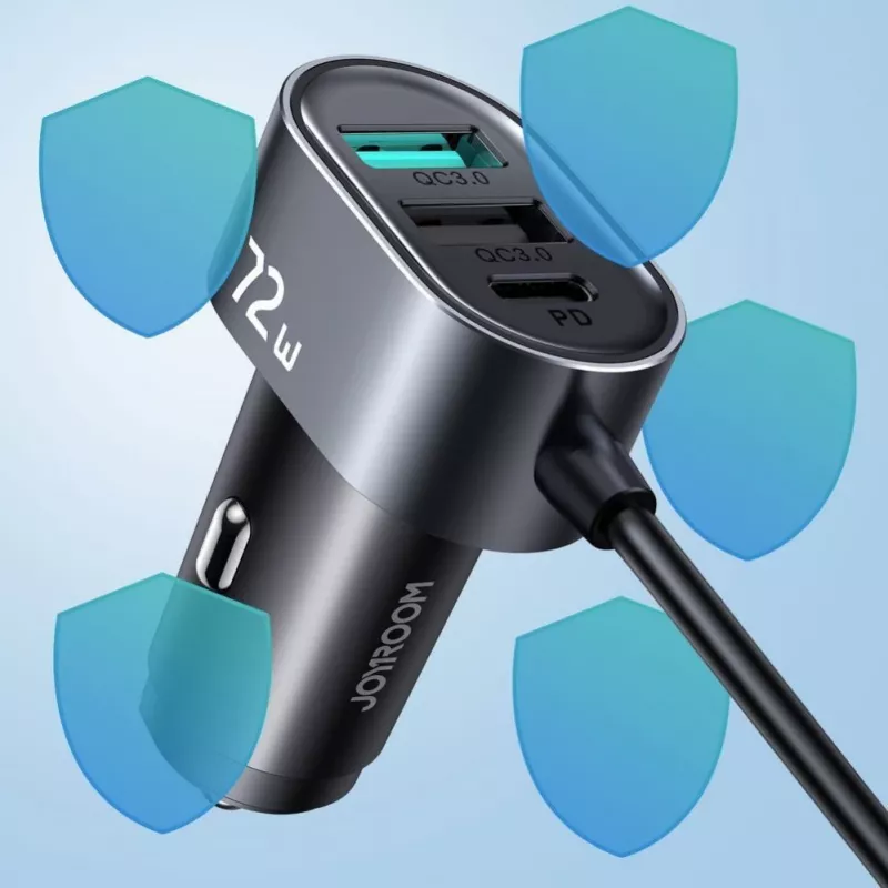 Joyroom JR-CL05 72W 5-Port Car Charger with 2xPD and 2xQC3.0, 1.5m Cable, Black