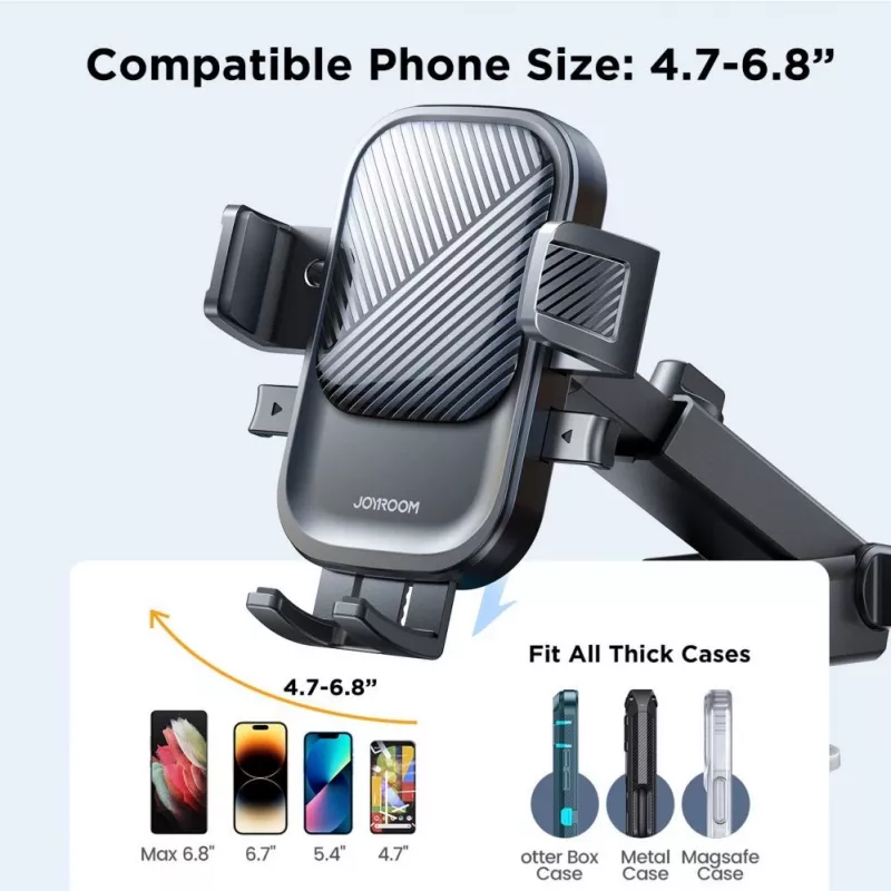 Joyroom JR-OK6 automobilinis telefono laikiklis - pritvirtinamas prie prietaisų skydelio ir priekinio stiklo siurbimo taurele - universalus 4,7-7,2 colio išmaniesiems telefonams - 360° sukimasis - juodas