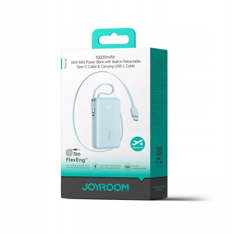 Joyroom JR-PR2L 10000mAh 35W Power Bank su skaitmeniniu ekranu, įmontuotais ištraukiamais USB-C ir Lightning kabeliais (0,7 m), mėlyna