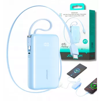 Joyroom JR-PR2L 10000mAh 35W Power Bank su skaitmeniniu ekranu, įmontuotais ištraukiamais USB-C ir Lightning kabeliais (0,7 m), mėlyna