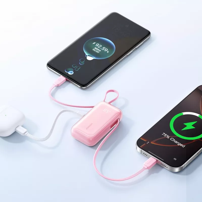 Joyroom JR-PR2L Power Bank 10000 mAh 35W su skaitmeniniu ekranu, įmontuotu ištraukiamu 2x Type-C laidu su dirželiu (0,7 m) Rožinė