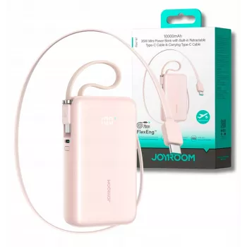 Joyroom JR-PR2L Power Bank 10000 mAh 35W su skaitmeniniu ekranu, įmontuotu ištraukiamu 2x Type-C laidu su dirželiu (0,7 m) Rožinė