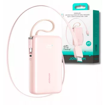 Joyroom JR-PR2L Power Bank 10000 mAh 35W su skaitmeniniu ekranu, įtraukiamais USB-C ir Lightning kabeliais (0,7 m) Rožinė
