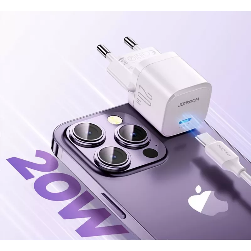 JOYROOM JR-TCF02 USB-C PD 20W sieninis įkroviklis su USB-C kabeliu - baltas