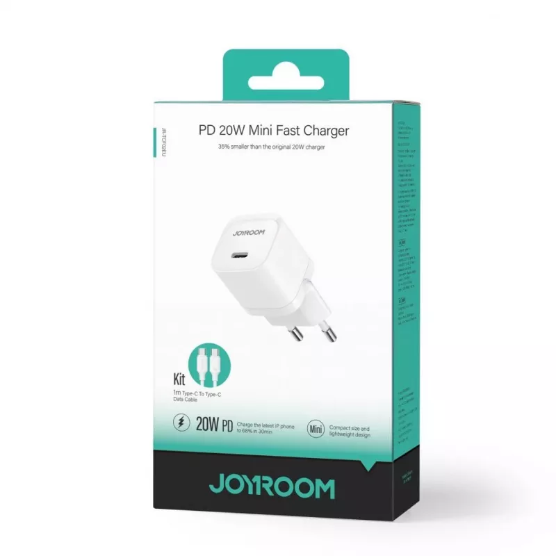 JOYROOM JR-TCF02 USB-C PD 20W sieninis įkroviklis su USB-C kabeliu - baltas