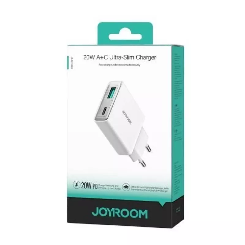 JOYROOM JR-TCF14-WHT 20W PD 3.0 ir QC 3.0 dviejų prievadų USB sieninis įkroviklis - baltas