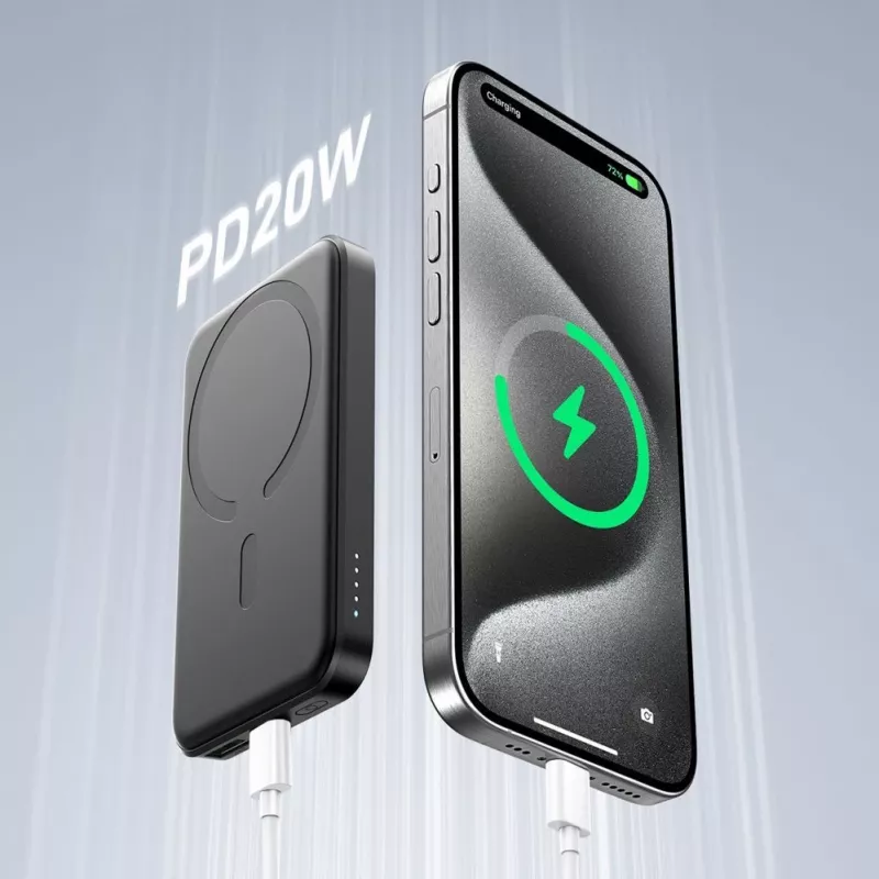 JOYROOM JR-W020 Mini Power Bank 5000mAh 20W USB-A USB-C belaidis įkrovimas - Juoda + USB-C laidas