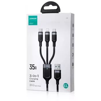 JOYROOM S-1T3018A18 3-in-1 kelių įrenginių įkrovimo laidas USB-A į USB-C/Micro-USB/Lightning, 30cm pintas nailonas, 3.5A, juodas