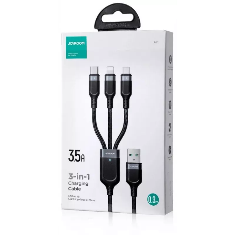 JOYROOM S-1T3018A18 3-in-1 kelių įrenginių įkrovimo laidas USB-A į USB-C/Micro-USB/Lightning, 30cm pintas nailonas, 3.5A, juodas