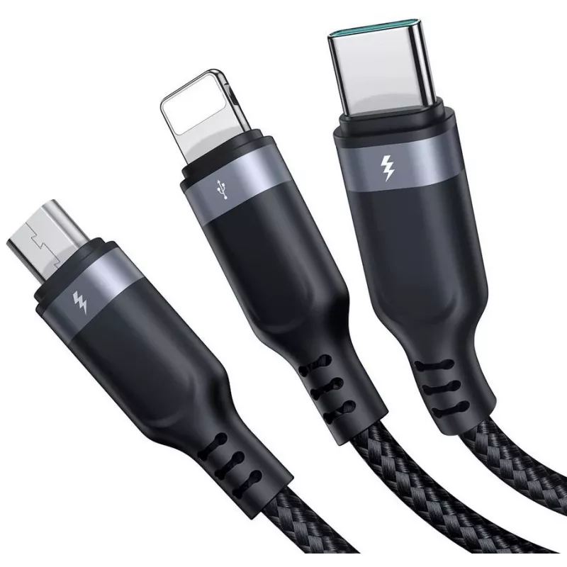 JOYROOM S-1T3018A18 3-in-1 kelių įrenginių įkrovimo laidas USB-A į USB-C/Micro-USB/Lightning, 30cm pintas nailonas, 3.5A, juodas