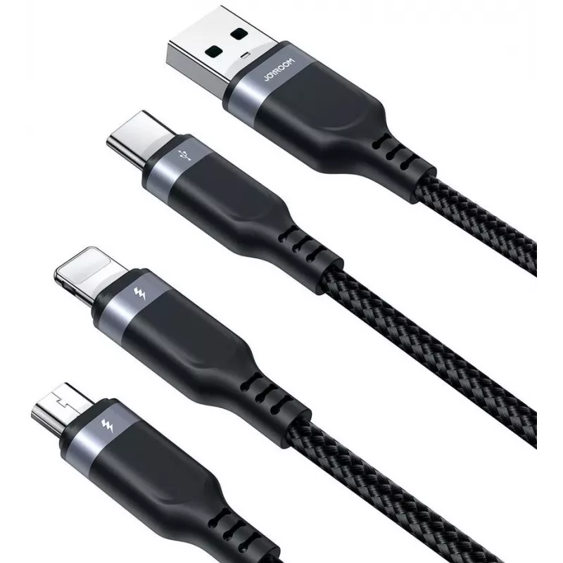 JOYROOM S-1T3018A18 3-in-1 kelių įrenginių įkrovimo laidas USB-A į USB-C/Micro-USB/Lightning, 30cm pintas nailonas, 3.5A, juodas