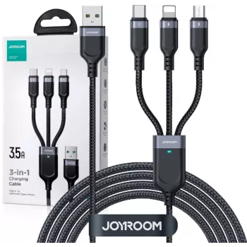 JOYROOM S-1T3018A18 3-in-1 kelių įrenginių įkrovimo laidas USB-A į USB-C/Micro-USB/Lightning, 30cm pintas nailonas, 3.5A, juodas