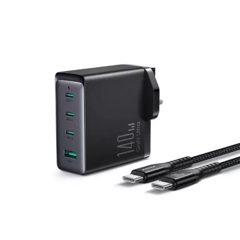 Joyroom Travel Charger GaN Fast Charger (UK) C+C+C+U, 140W, su Type-C į Type-C, PD 240W kabeliu (1,2 m) Juoda