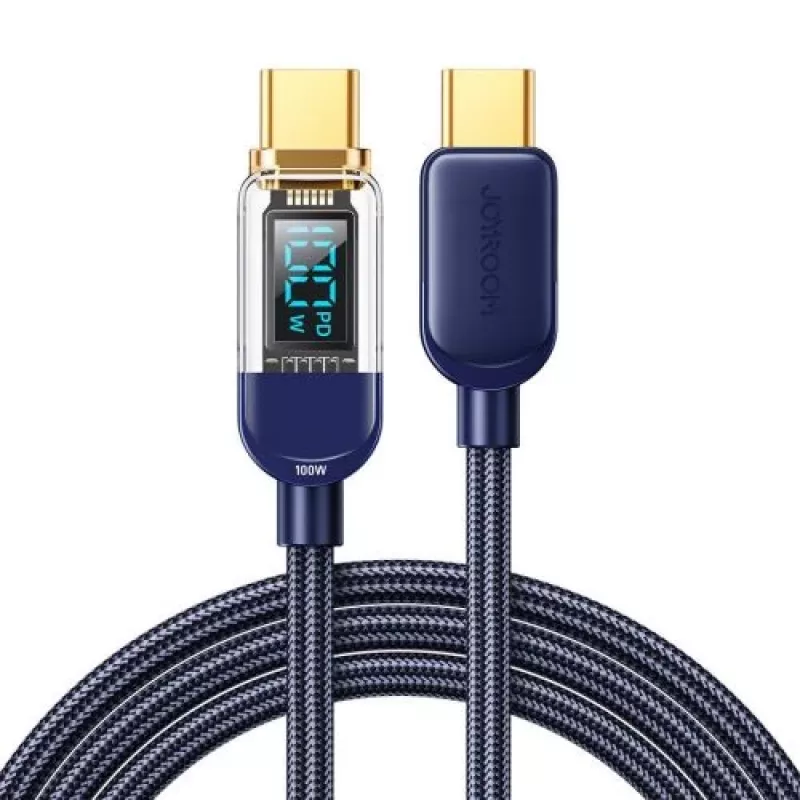 Joyroom USB-C į USB-C duomenų laidas 100W, 1,2m su skaitmeniniu ekranu mėlynas (S-CC100A4)