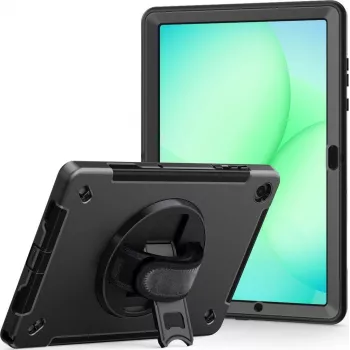 JT Berlin „Rugged“ dėklas su atrama ir rankų dirželiu, skirtas „Samsung Galaxy Tab A11+ 2025“, juodas, didmeninė pakuotė 30023