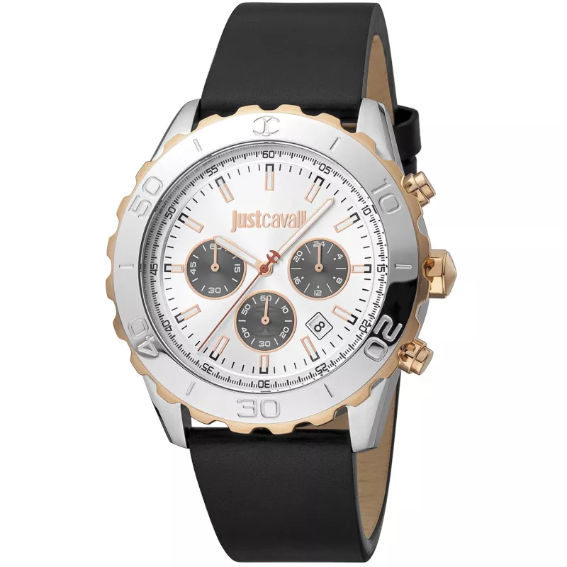 JUST CAVALLI MAN JC1G214L0025 42mm Quartz Analog Watch Black Dial Leather Strap