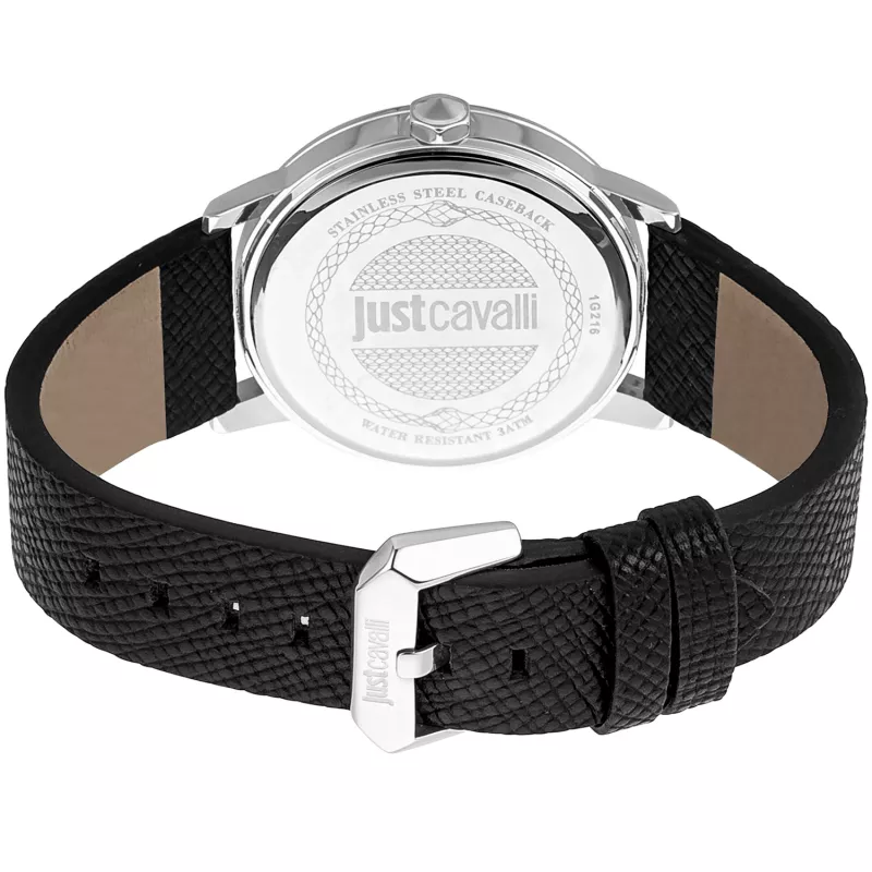JUST CAVALLI Vyriškas kvarcinis analoginis laikrodis JC1G216L0025 42mm Nerūdijančio plieno korpusas Juodas odinis dirželis