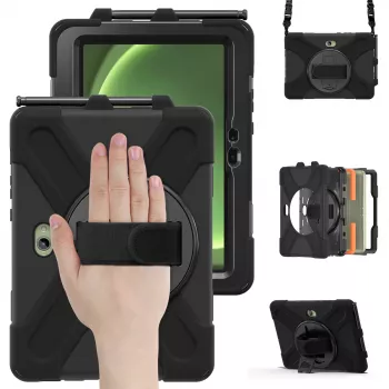 JUST MUST JM Rugged Case Grip, skirta Samsung Galaxy Tab Active Pro / Active4 Pro / Active5 Pro su dirželiu, juoda