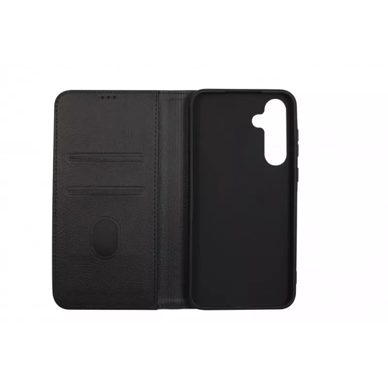 JUST MUST JM Stand Flip Case, skirtas Samsung Galaxy A35 5G, juodos spalvos – PU odos dėklas su kortelių kišenėmis ir atrama