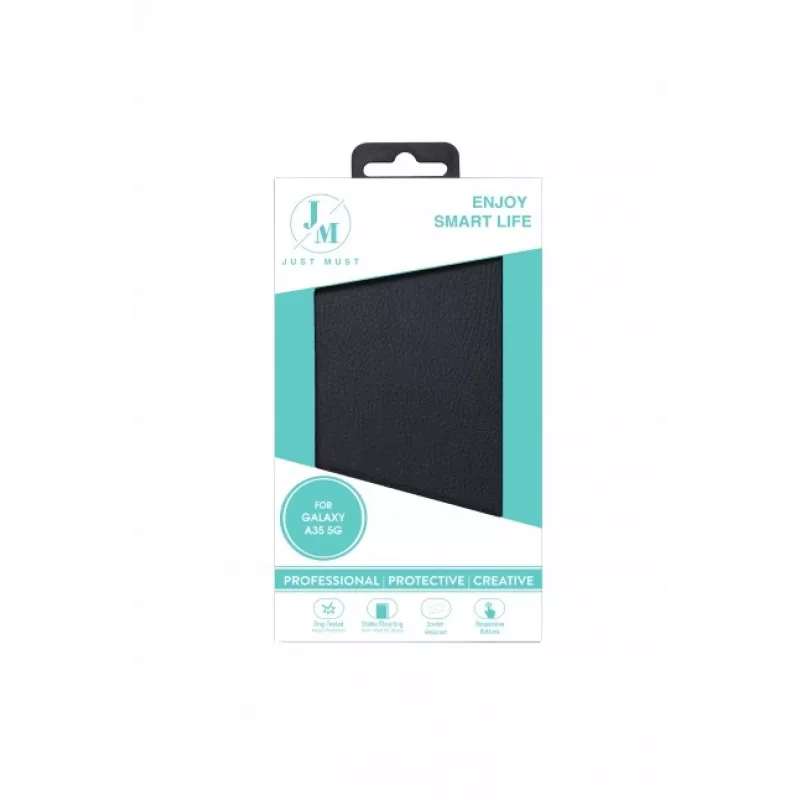JUST MUST JM Stand Flip Case, skirtas Samsung Galaxy A35 5G, juodos spalvos – PU odos dėklas su kortelių kišenėmis ir atrama