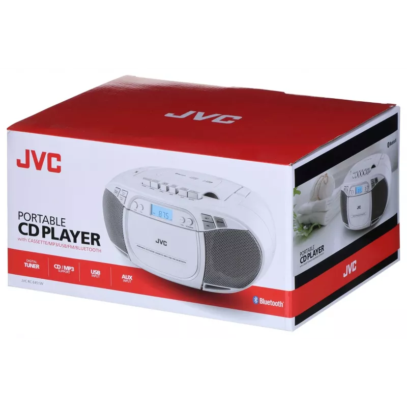 JVC RC-E451W nešiojamasis CD grotuvas su FM/AM radiju, AUX įvestimi, bosų stiprinimu, baltas